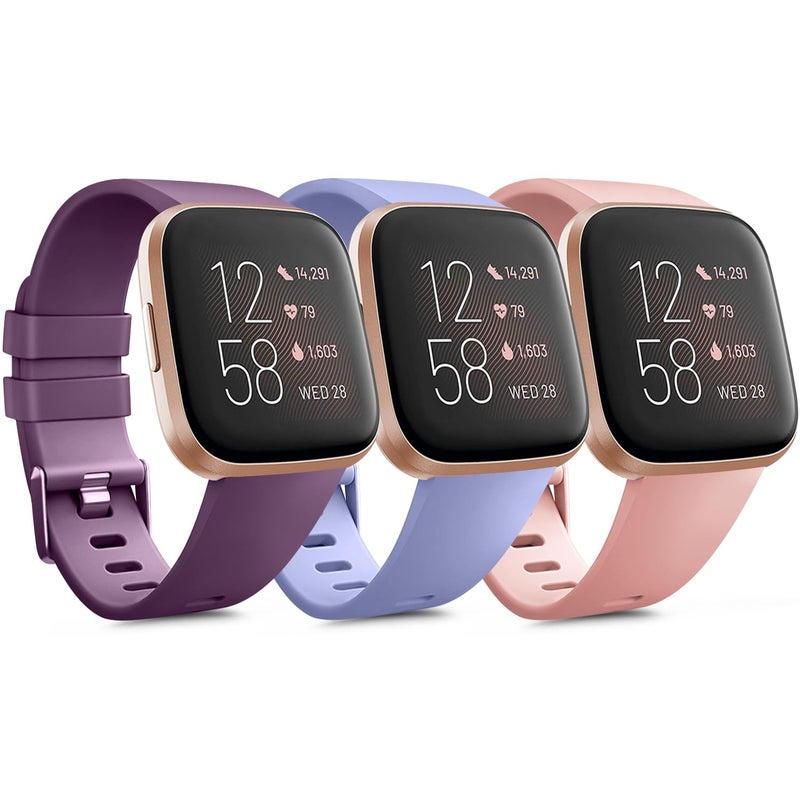 Meliya PACK 3 Soft Silicone Bands Compatible for Fitbit Versa 2 / Fitbit Versa/Fitbit Versa Lite Adjustable Sport Bands for Women Men Small Large (Purple+Violet+Peach, Small) - Image 1